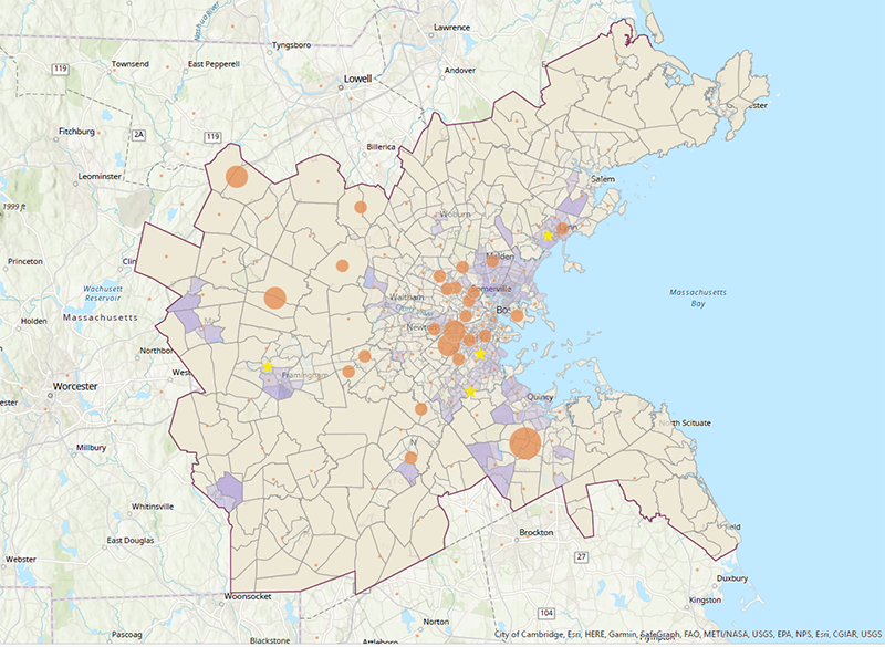 Map depicting the geographic distribution of survey responses (by zip code) for all FFY 2023 surveys in relationship to the distribution of the limited-English proficiency (LEP) population in the Boston region. The map also includes points where in-person events were held during FFY 2023. In person events were held in areas with a medium to high LEP population, but survey responses overlap less with this population, particularly outside of the inner core. Map depicting the geographic distribution of survey responses (by zip code) for all FFY 2023 surveys in relationship to the distribution of the limited-English proficiency (LEP) population in the Boston region. The map also includes points where in-person events were held during FFY 2023. In person events were held in areas with a medium to high LEP population, but survey responses overlap less with this population, particularly outside of the inner core.